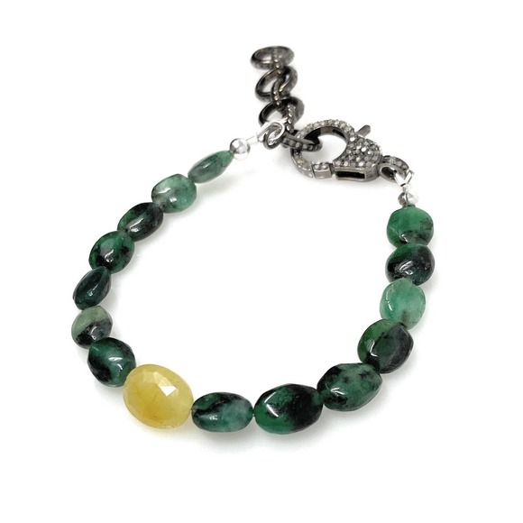 Pave Diamond Natural Emerald and Yellow Sapphire Adjustable Bracelet - Picture 3 of 10